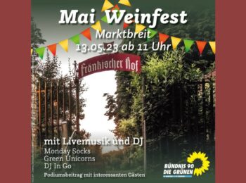 Sharepic zum Mai Weinfest mit Schild und Zauntor des Fränkischen Hofs in Marktbreit