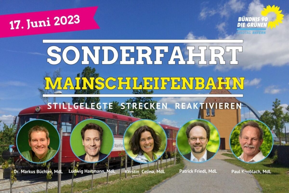 Sharepic zur Sonderfahrt am 17. Juni mit roter Bahn im Hintergrund und den Fotos der teilnehmneden Landtagsabgeordneten