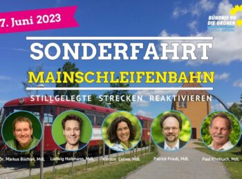 Sharepic zur Sonderfahrt am 17. Juni mit roter Bahn im Hintergrund und den Fotos der teilnehmneden Landtagsabgeordneten