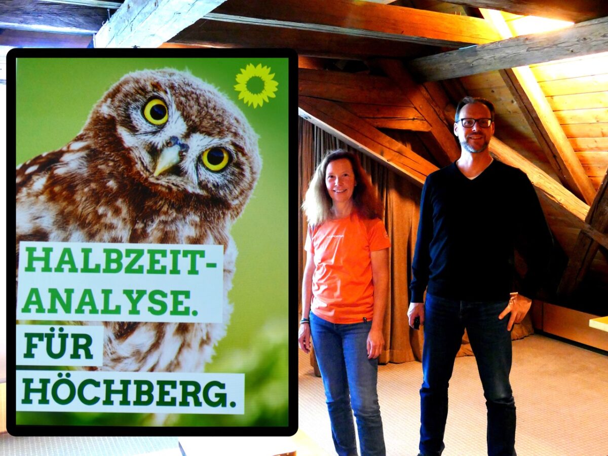 Susanne Cimander und Sven Winzenhörlein neben einem großen Plakat mit der Aufschrift "Halbzeitanalyse für Höchberg"