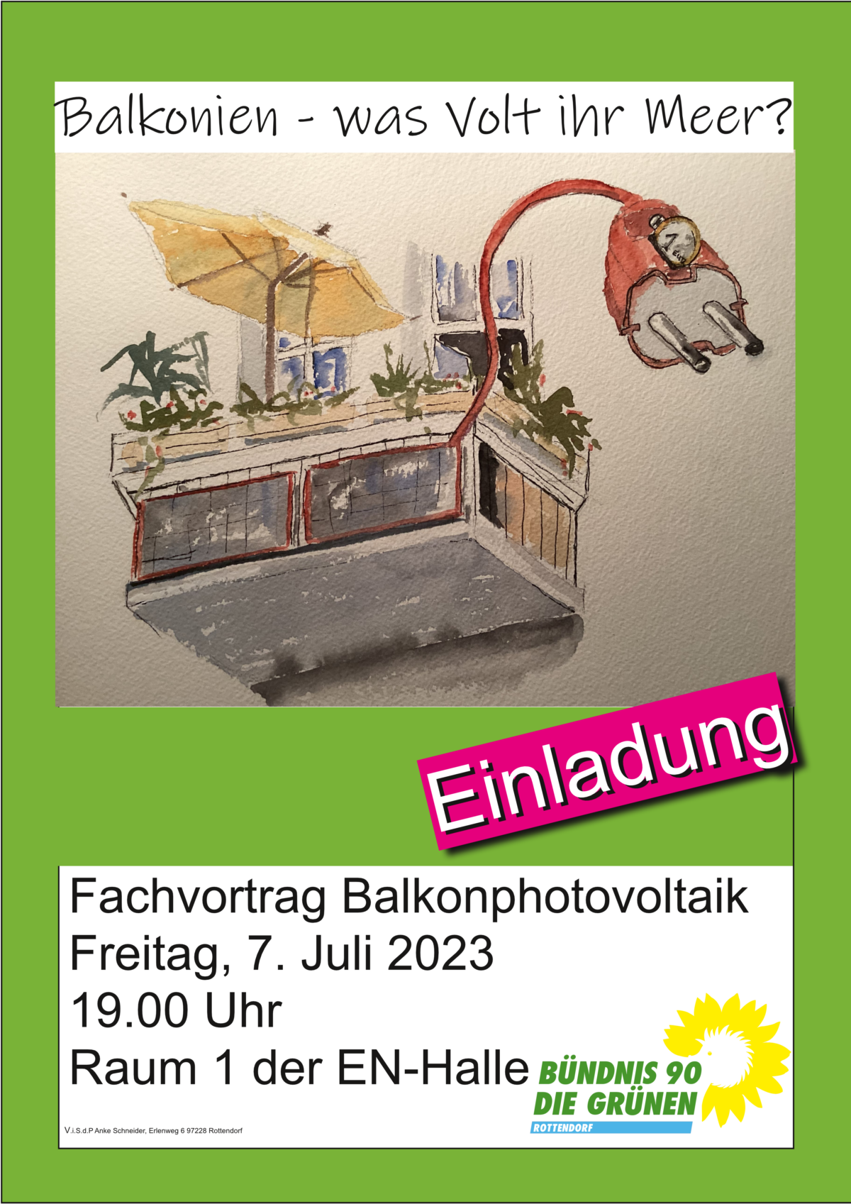 Plakat für den Fachvortrag "Balkonphotovoltaik". Die Veranstaltung findet am Freitag, den 7. Juli.2023 um 19:00 Uhr in Raum 1 der EN-Halle statt. 
