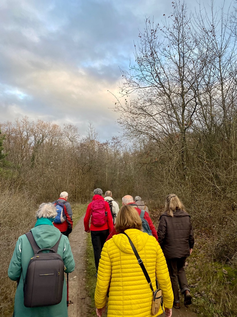 Wandergruppe von hinten mit blauem Himmel im Hintergrund