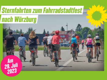 Sharepic zu den Sternfahrten zum Fahrradstadtfest am 29. Juli mit einer Gruppe Radfahrer*innen auf einer Straße