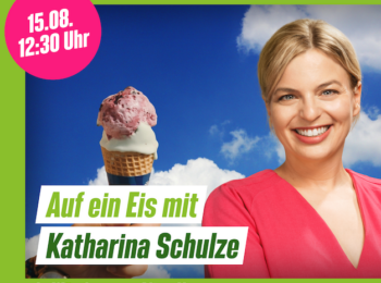 Sharepic von der Veranstaltung "Auf ein Eis mit Katharina Schulze". Zu sehen ist Katharina Schulze auf der rechten Seite, daneben ein Eis und im Hintergrund blauer Himmel.