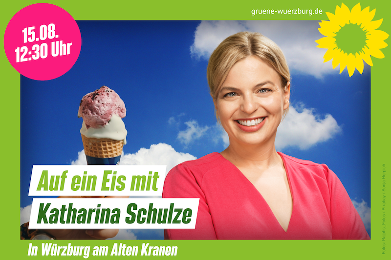 Sharepic von der Veranstaltung "Auf ein Eis mit Katharina Schulze". Zu sehen ist Katharina Schulze auf der rechten Seite, daneben ein Eis und im Hintergrund blauer Himmel.