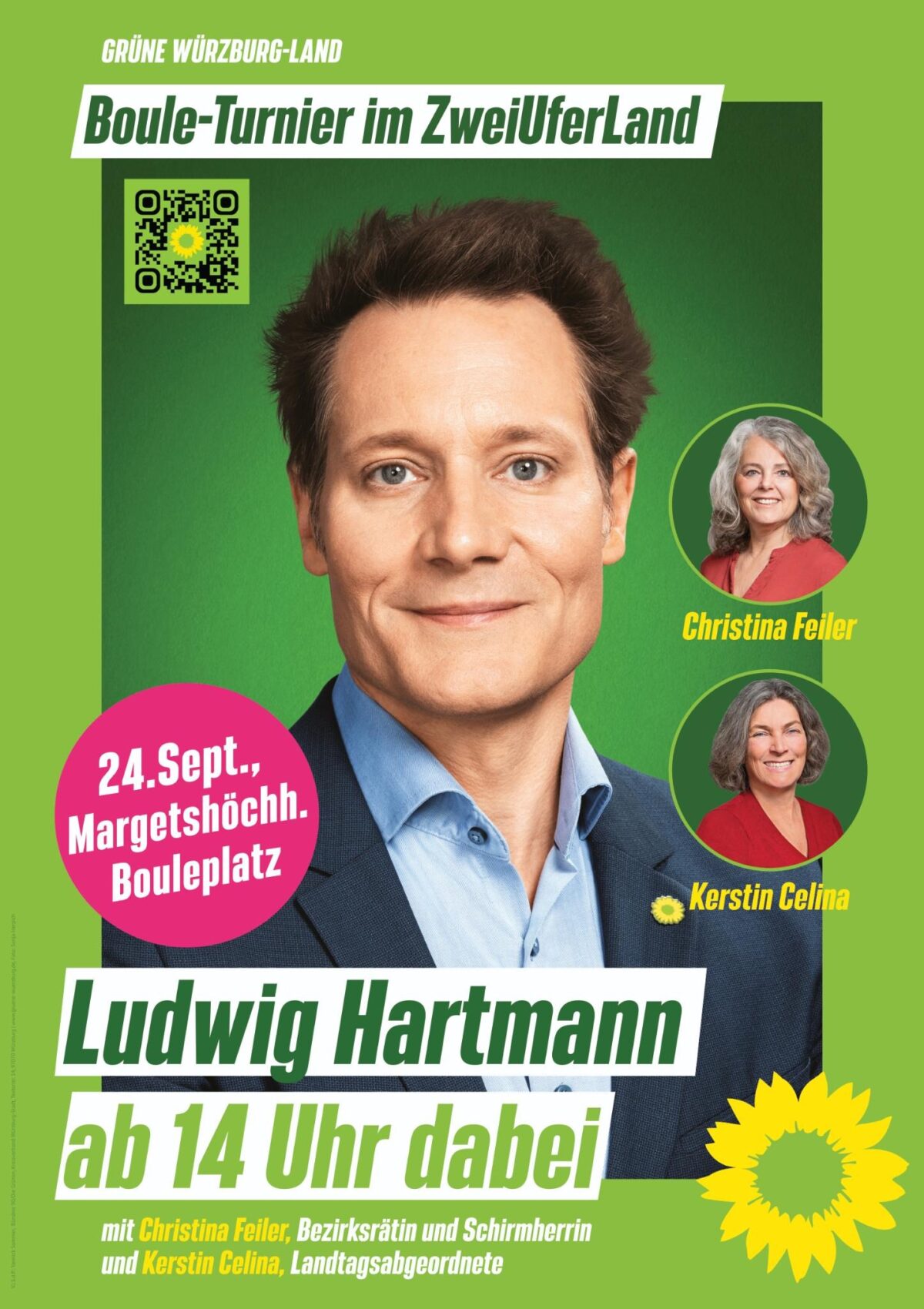 Plakat für das Bouleturnier mit einem Profilfoto von Ludwig Hartmann und zwei kleineren Fotos rechts seitlich von Christina Feiler und Kerstin Celina.
