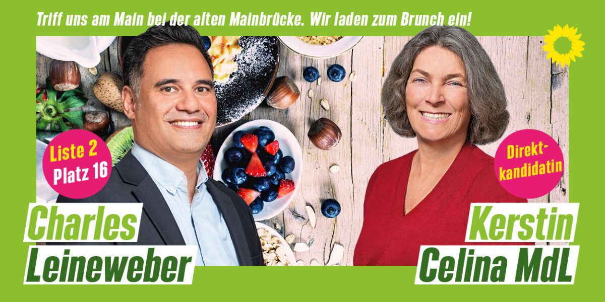 Sharepic mit der Landtagsabgeordneten Kerstin Celina und Landtagskandidat Charles Leineweber. Im Hintergrund ein Bild mit verschiedenen Müslisorten.