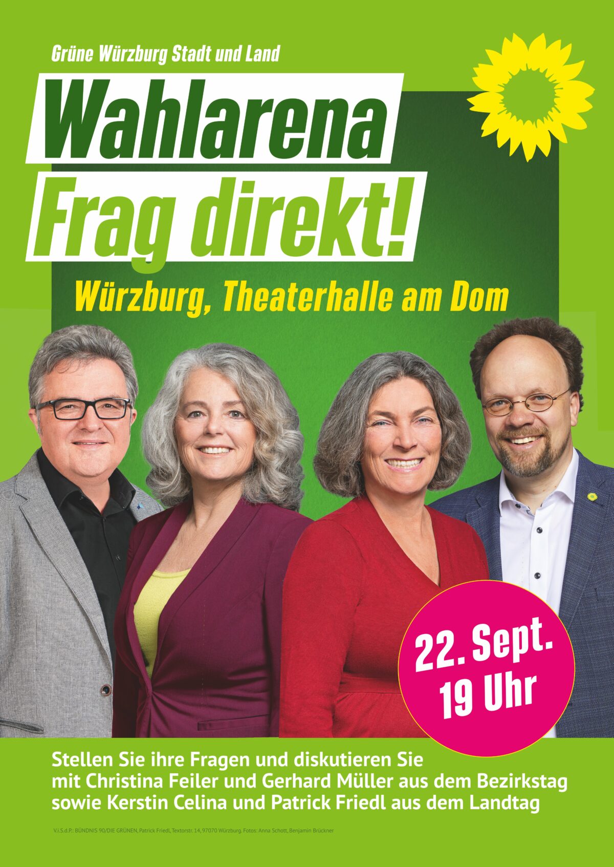 Plakat mit den Kandidierenden für Bündnis 90/Die Grünen Würzburg Christina Feiler, Gerhard Müller, Kerstin Celina und Patrick Friedel