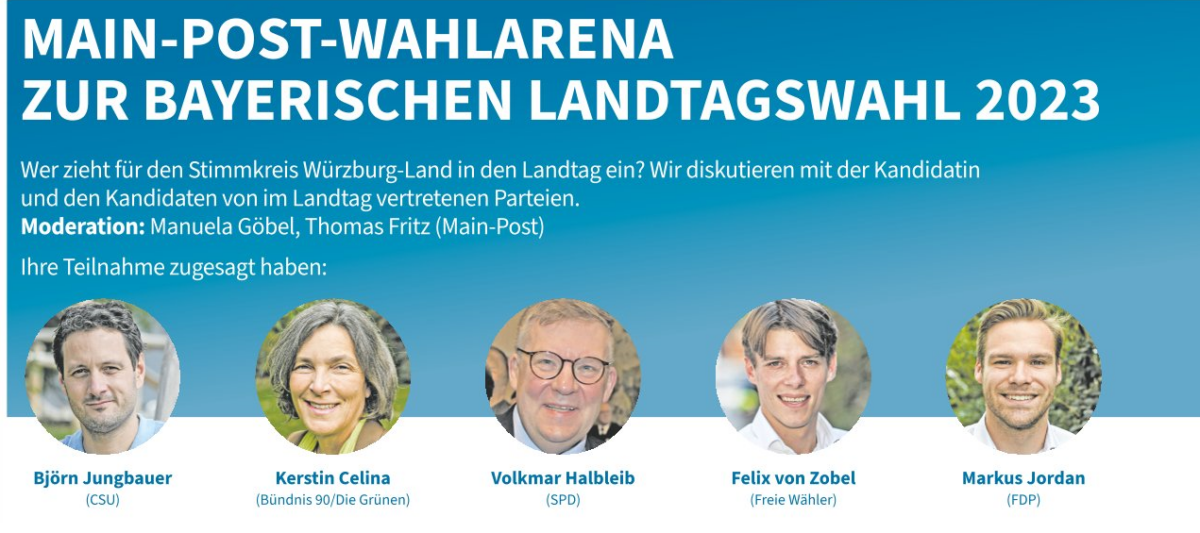 Ein Bild von der Mainpost mit blauem Hintergrund und weißer Schrift. Darauf zu sehen sind die Diskussionsteilnehmenden (von links nach rechts) Björn Jungbauer (CSU), Kerstin Celina (Bündnis 90/Die Grünen), Volkmar Halbleib (SPD), Felix von Zobel (Freie Wähler) und Markus Jordan (FDP). 
