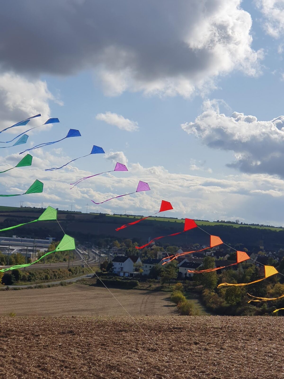 Drachenkette mit einzelnen Drachen in verschiedenen Farben, im Hintergrund Ackerfläche und Rottendorf