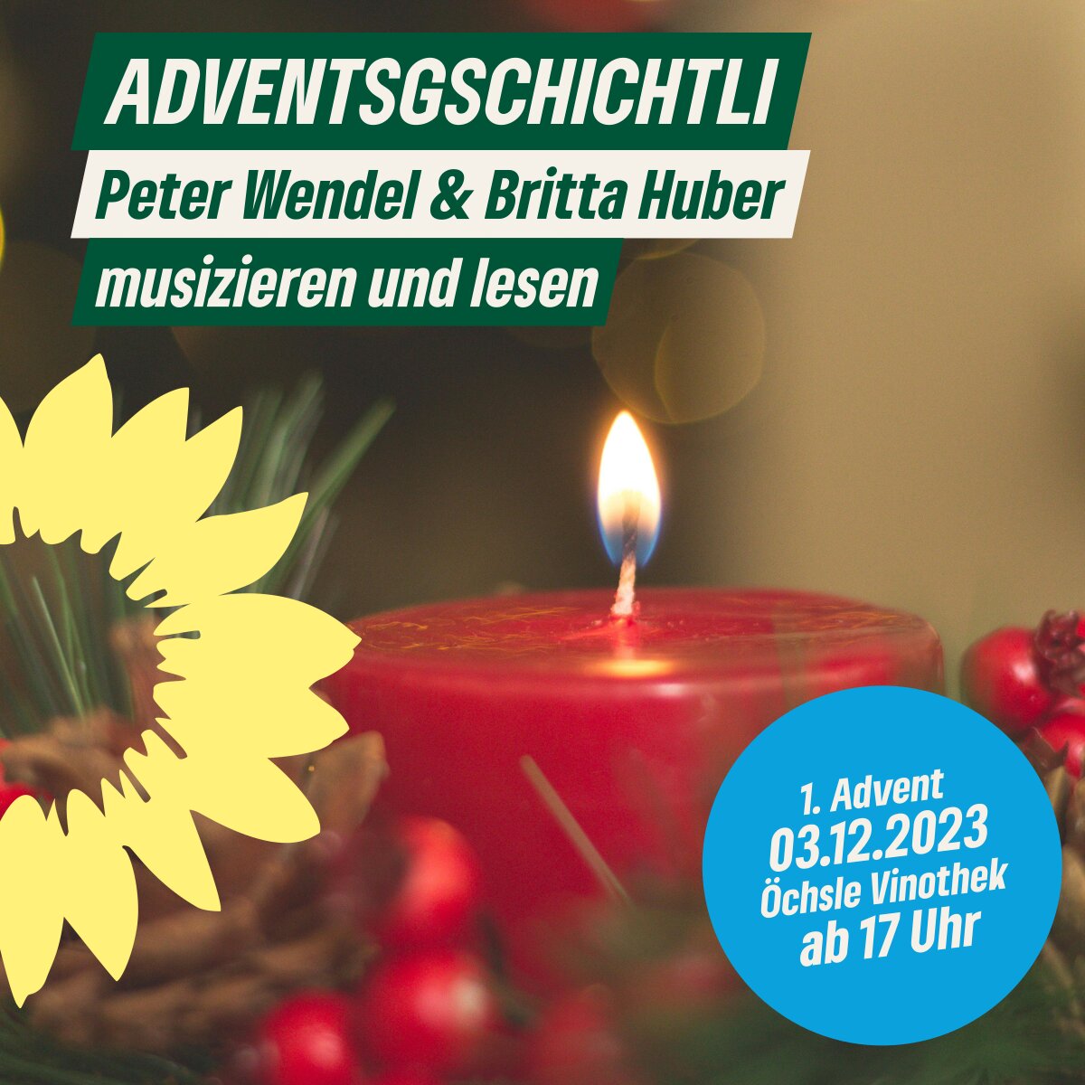 Sharpic mit einer roten brennenden Kerze in einem Weihnachtsgesteck.
Dazu die Infos der Veranstaltung und das Grüne Sonnenblumenlogo 