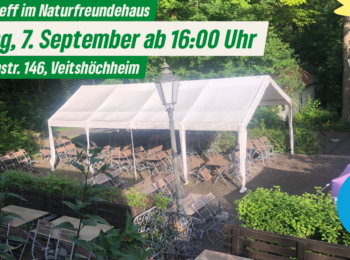 Sharepic zur Veranstaltung. Im Hintergrund zu sehen ein Gewächshaus in einem Garten.